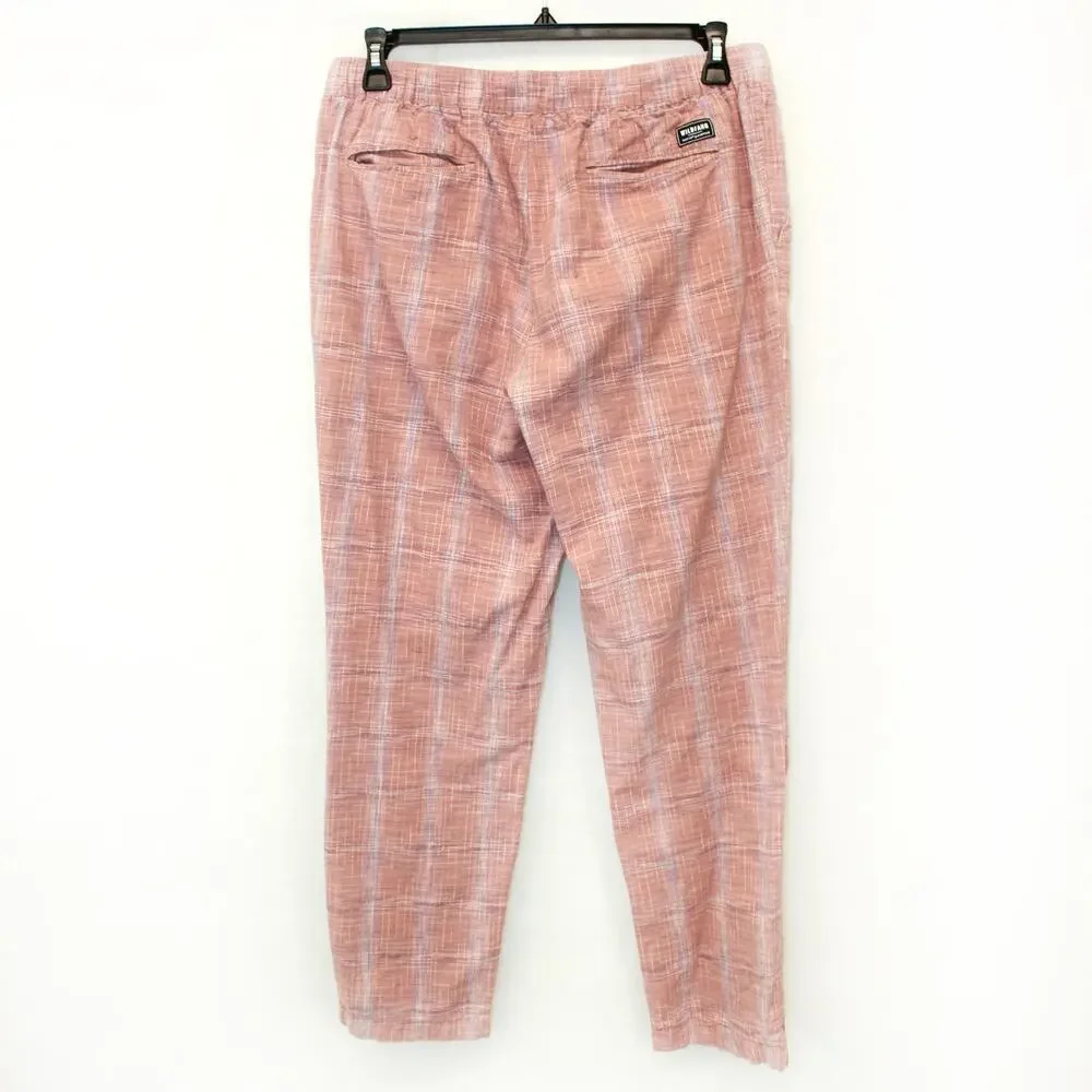 Wildfang Dusty Pink Mauve Plaid Cotton Linen Elastic Waist Straight Leg Pants L